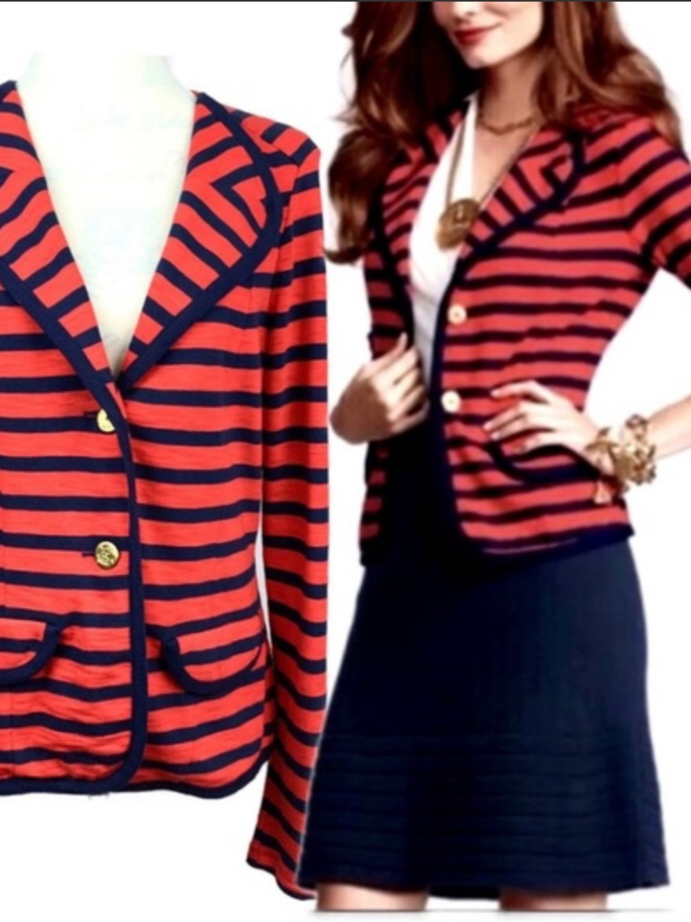 CAbi Red and Navy Striped Knit Blazer
